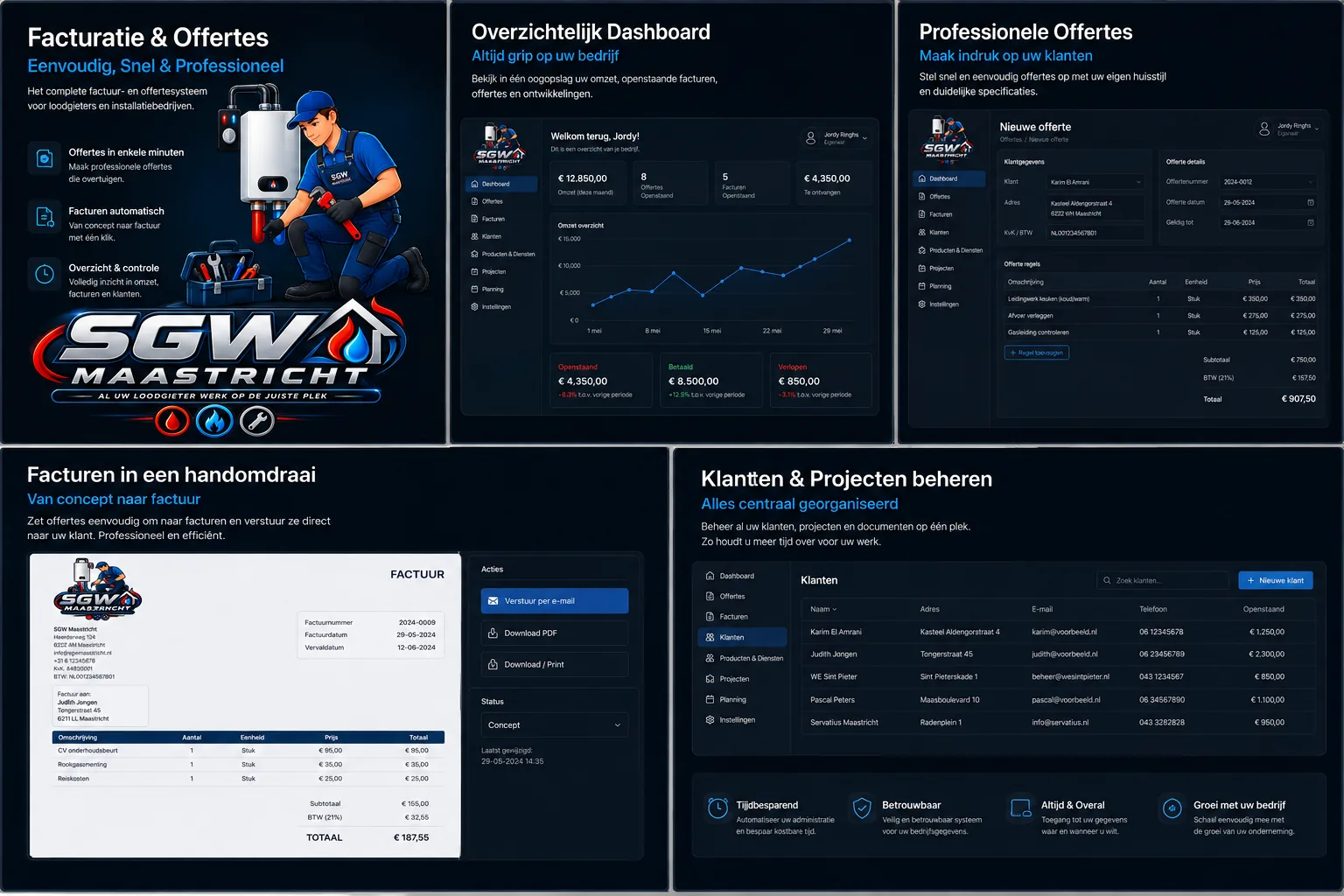 Ontwerpconcept van Factura Pro met facturen, dashboard en klantenbeheer