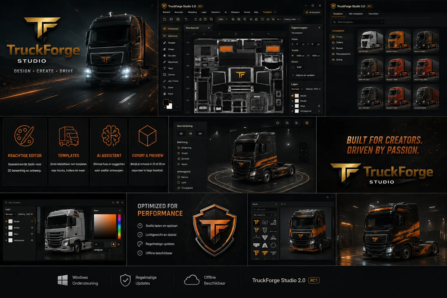 TruckForge Studio overzicht met editor, templates, 3D-preview en performanceblokken