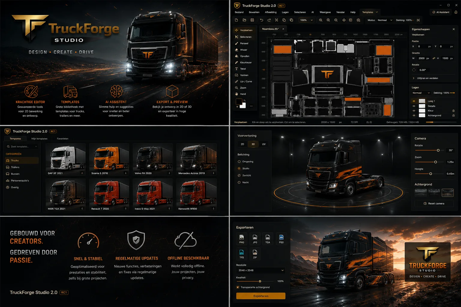 TruckForge Studio interface met templates, editor en 3D-preview