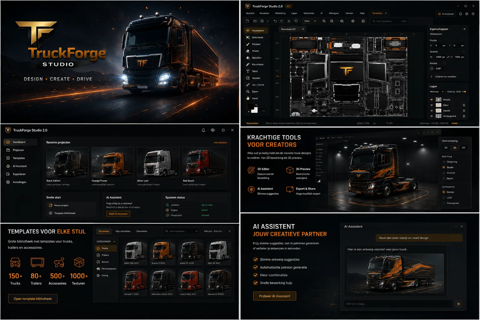 TruckForge Studio editor, assetbibliotheek en preview
