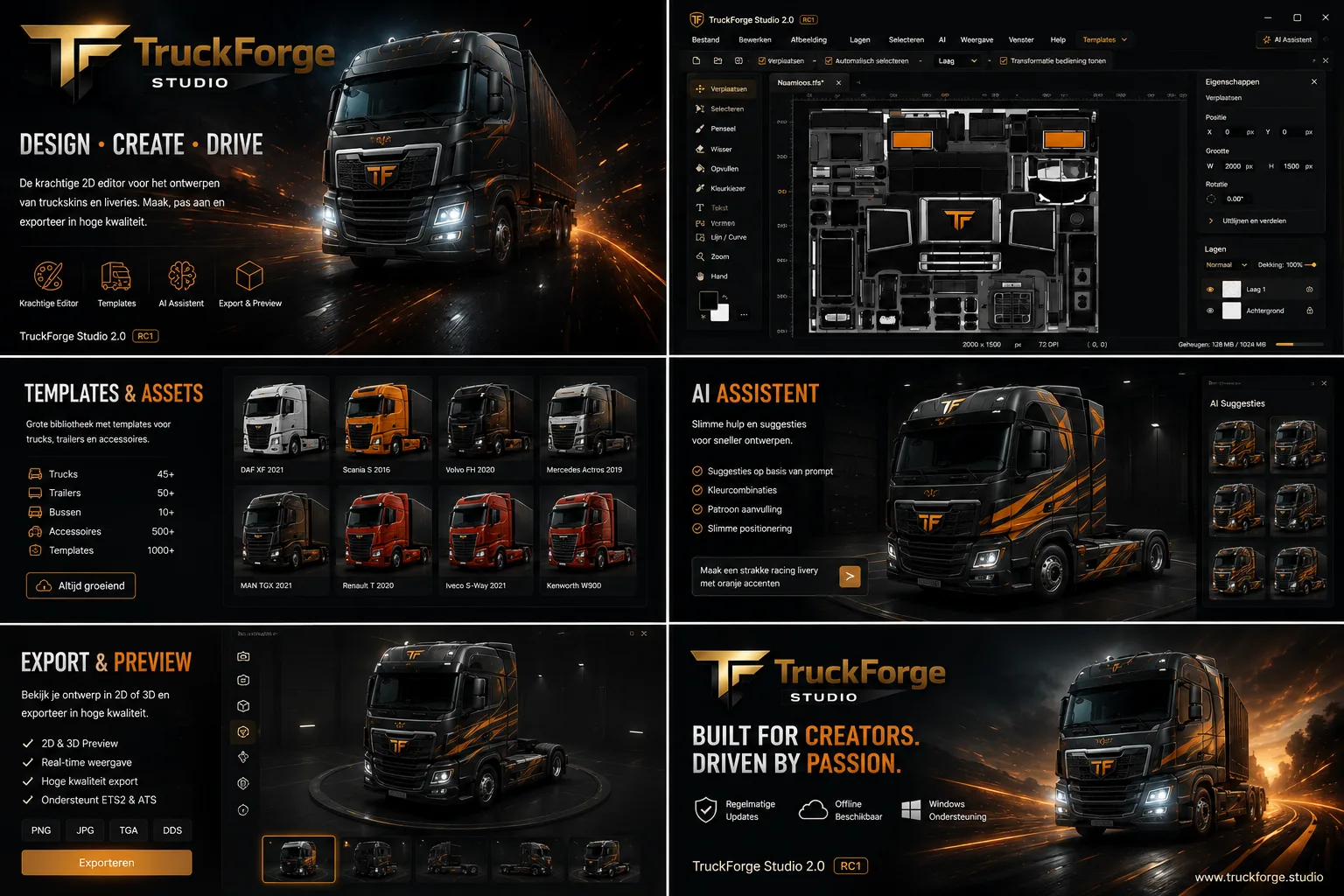 TruckForge Studio editor, templates, AI-assistent en exportpresentatie