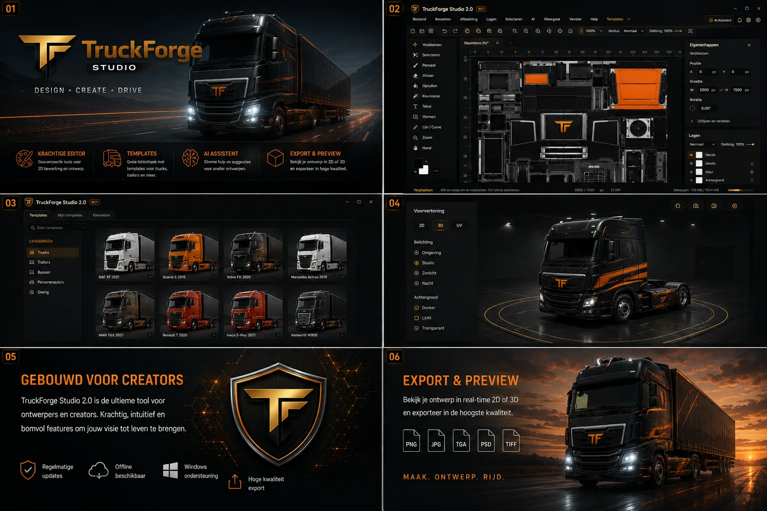 TruckForge Studio productoverzicht met editor en export
